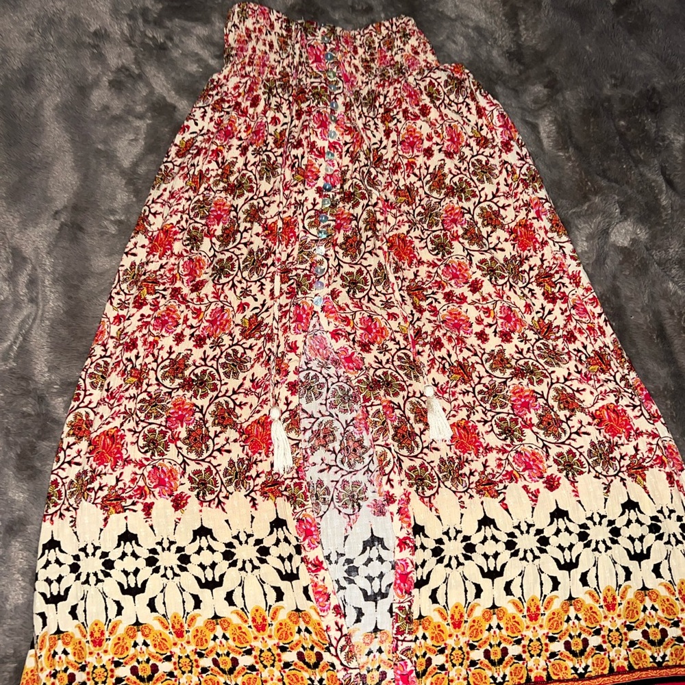 Nicole Miller Red and White Smocked Tiered Maxi Skirt